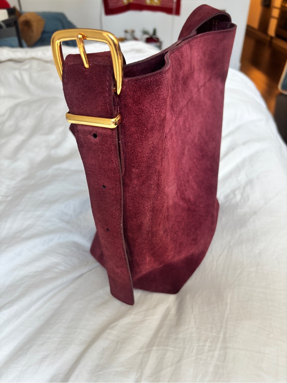 Suede Bucket Shoulder Bag in Burgundy - Picture 5 of 9